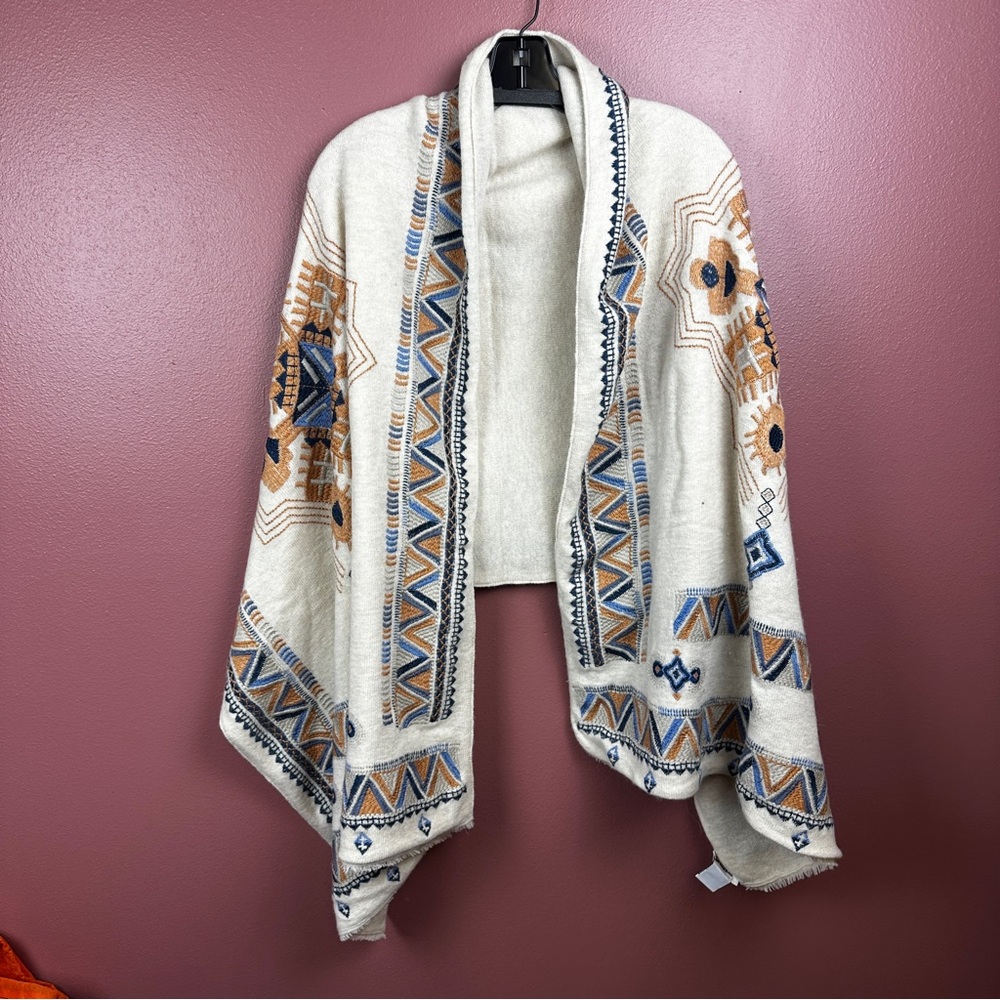 Johnny Was Cream and Blue Wool & Cashmere Blend Embroidered Shawl or Scarf